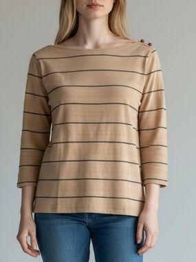 Lauren Ralph Lauren Tan Striped Boatneck 3/4 Length Sleeve Cotton Top